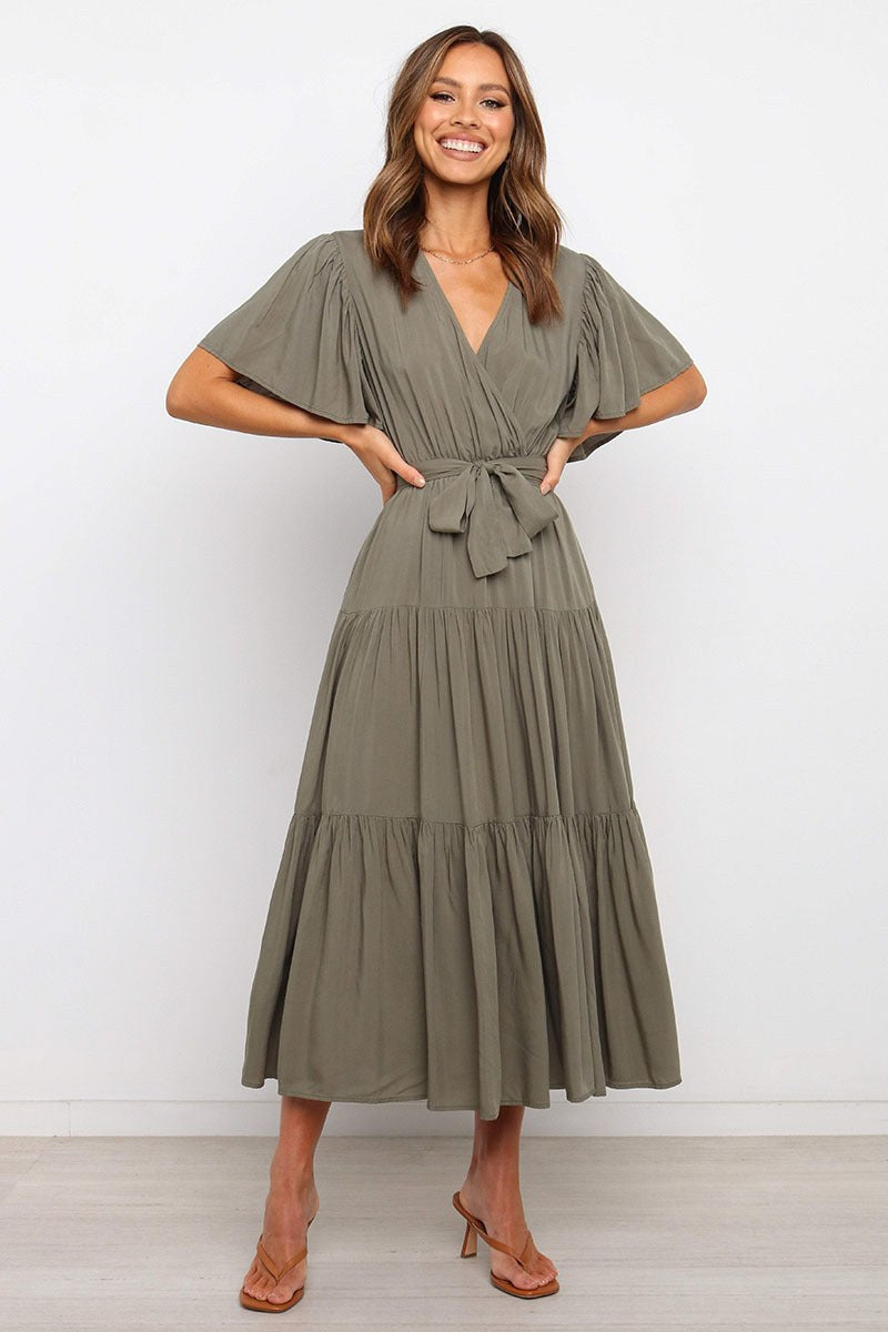 Gwendolen | Women's V-Neck Maxi Dress in Olive Green