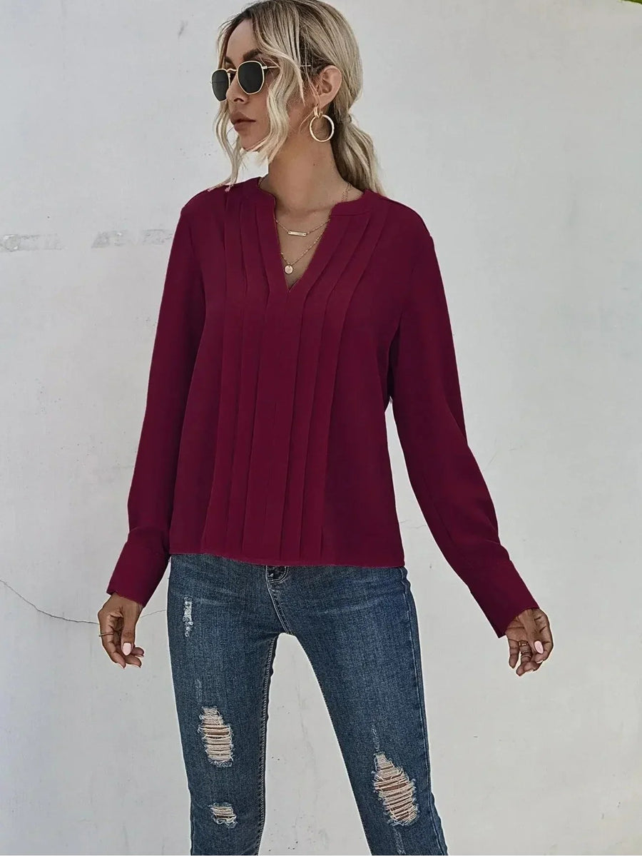 Gwendolen | Women's Pleated V-Neck Blouse in Dark Red