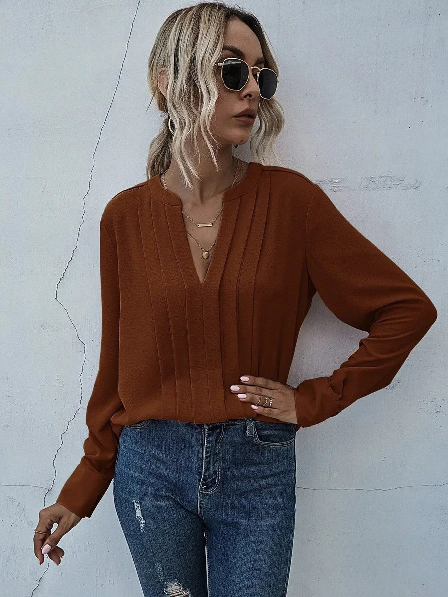 Gwendolen | Women's Pleated V-Neck Blouse in Red