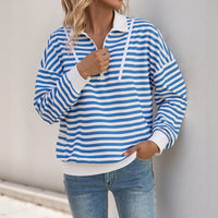 Gwenllian | Women's Stand Collar Striped Fashionable Sweatshirt in Blue