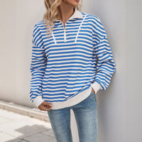 Gwenllian | Women's Stand Collar Striped Fashionable Sweatshirt in Blue