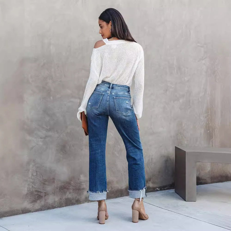Gwenyth | Women's High Waist Fringe Fashionable Jeans in Blue