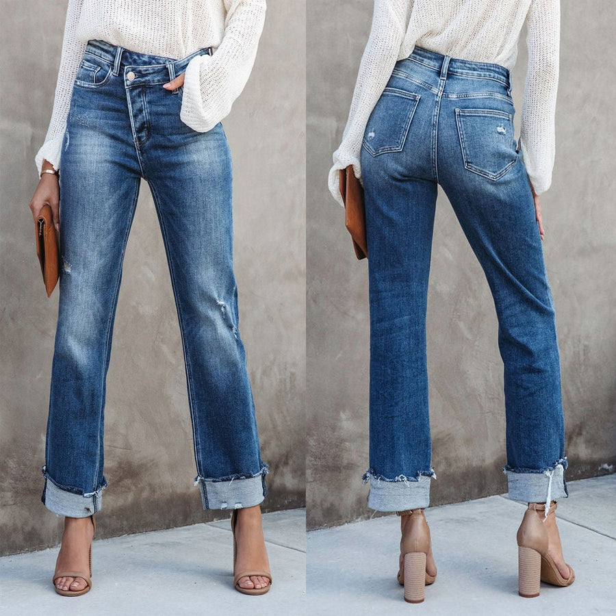 Gwenyth | Women's High Waist Fringe Fashionable Jeans in Blue