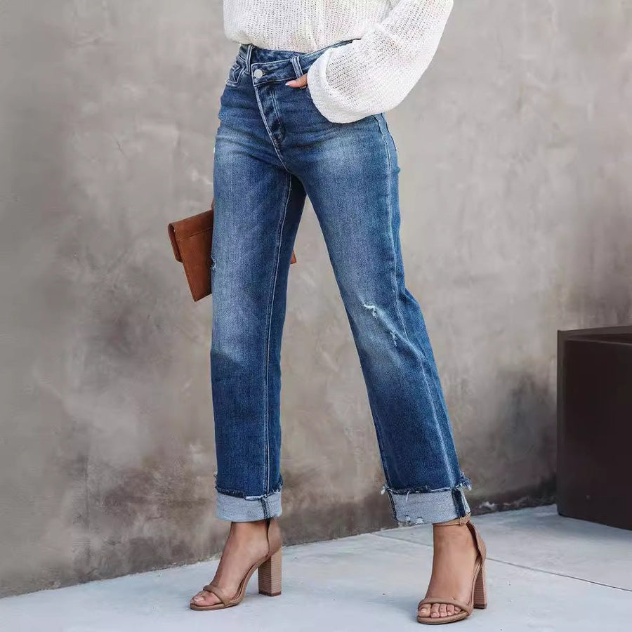 Gwenyth | Women's High Waist Fringe Fashionable Jeans in Blue