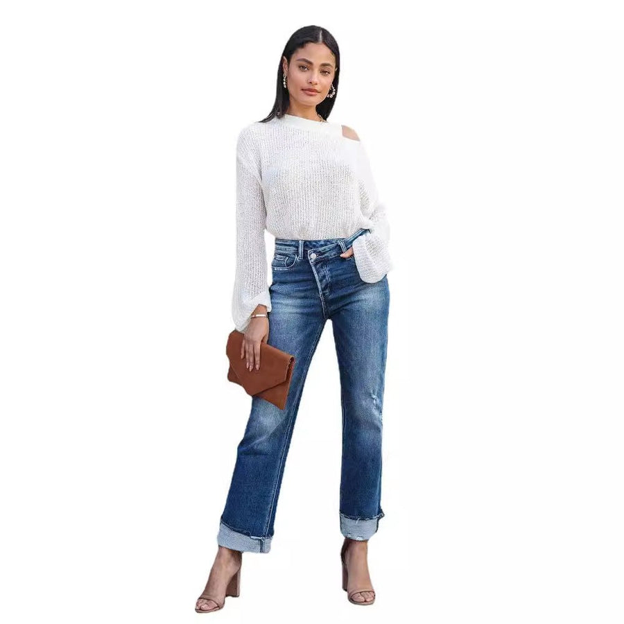 Gwenyth | Women's High Waist Fringe Fashionable Jeans in Blue