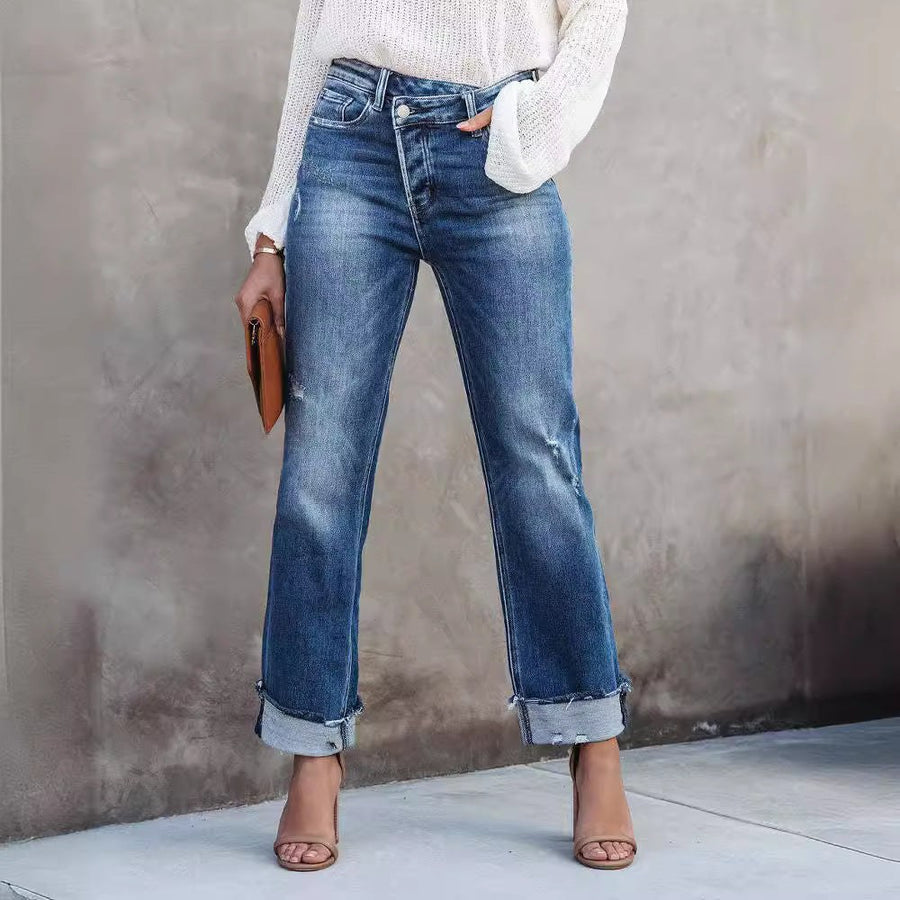 Gwenyth | Women's High Waist Fringe Fashionable Jeans in Blue