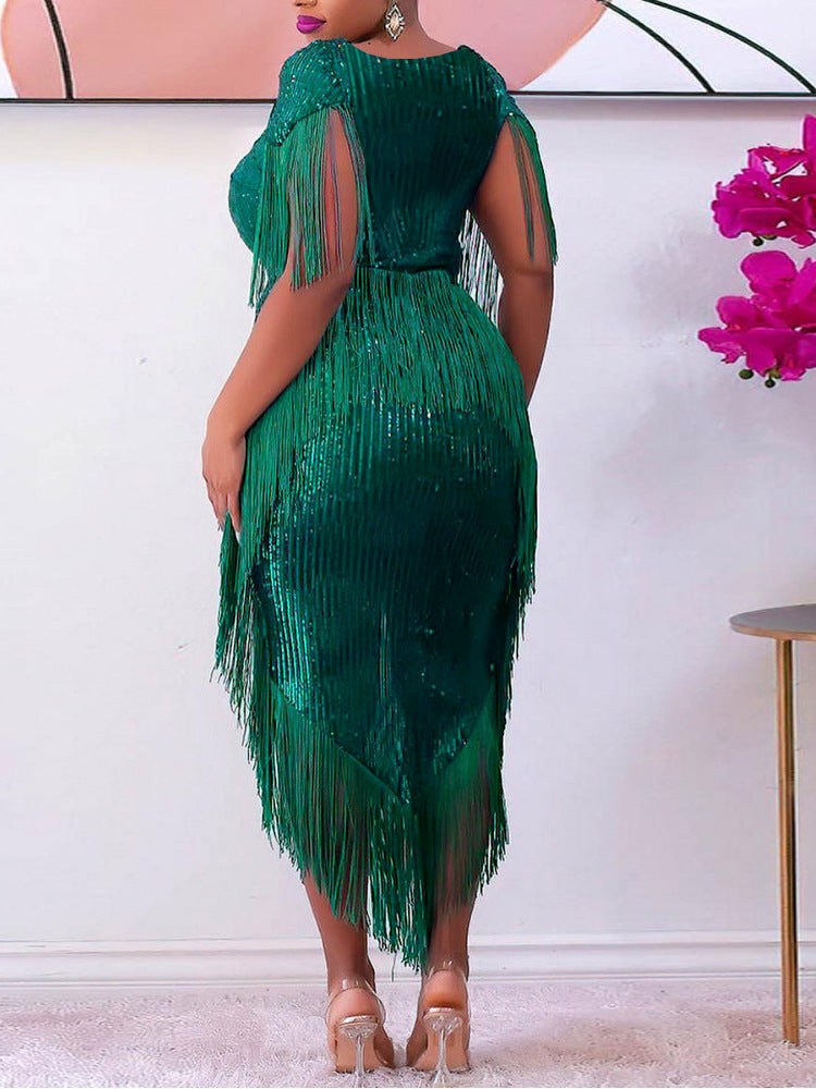 Gwynneve | Women's Fringe Elegant Evening Dress in Green