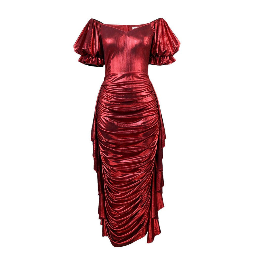 Hannah | Women's Puff Sleeve Voluminous Wrap Dress in Wine Red