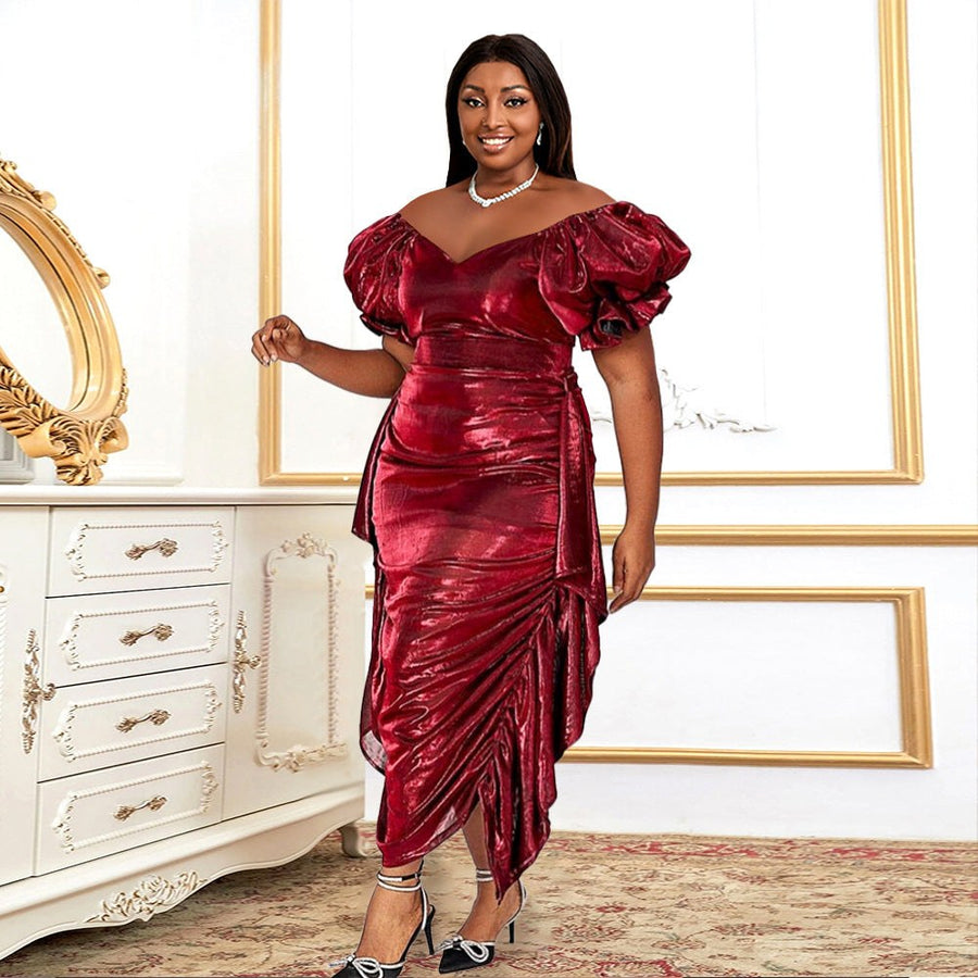 Hannah | Women's Puff Sleeve Voluminous Wrap Dress in Wine Red