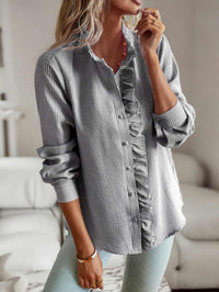 Harriet | Women's Ruffle Front Button Blouse in Gray