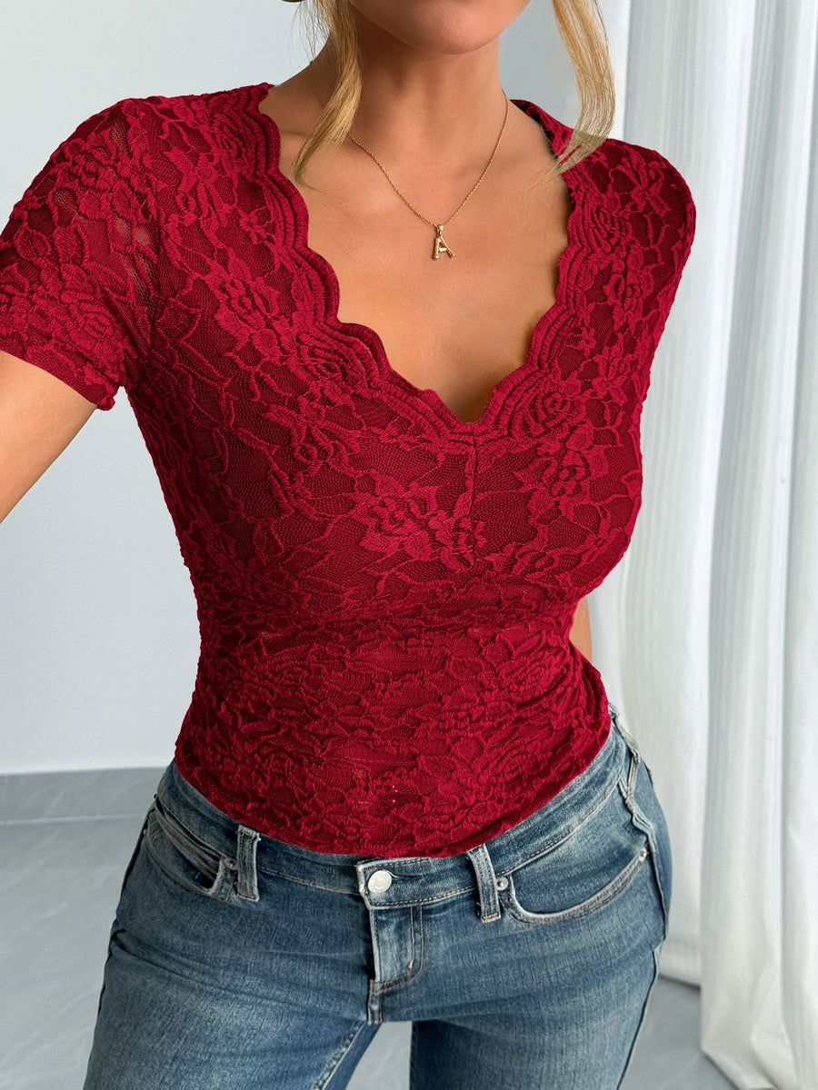 Hattie | Women's V-Neck Lace Elegant Top in Red
