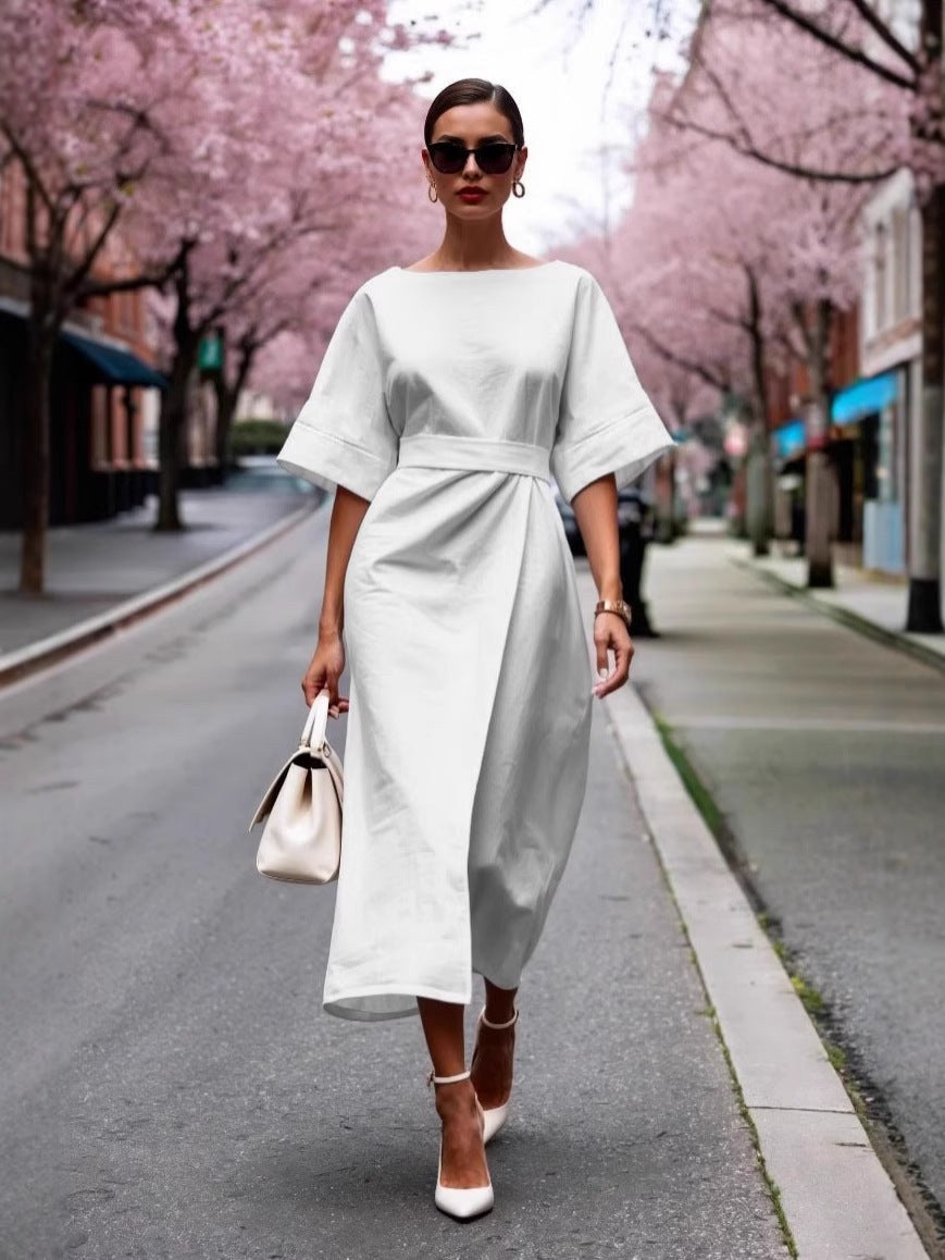 Hattie | Women's Waist Belt Belted Elegant Midi Dress in White