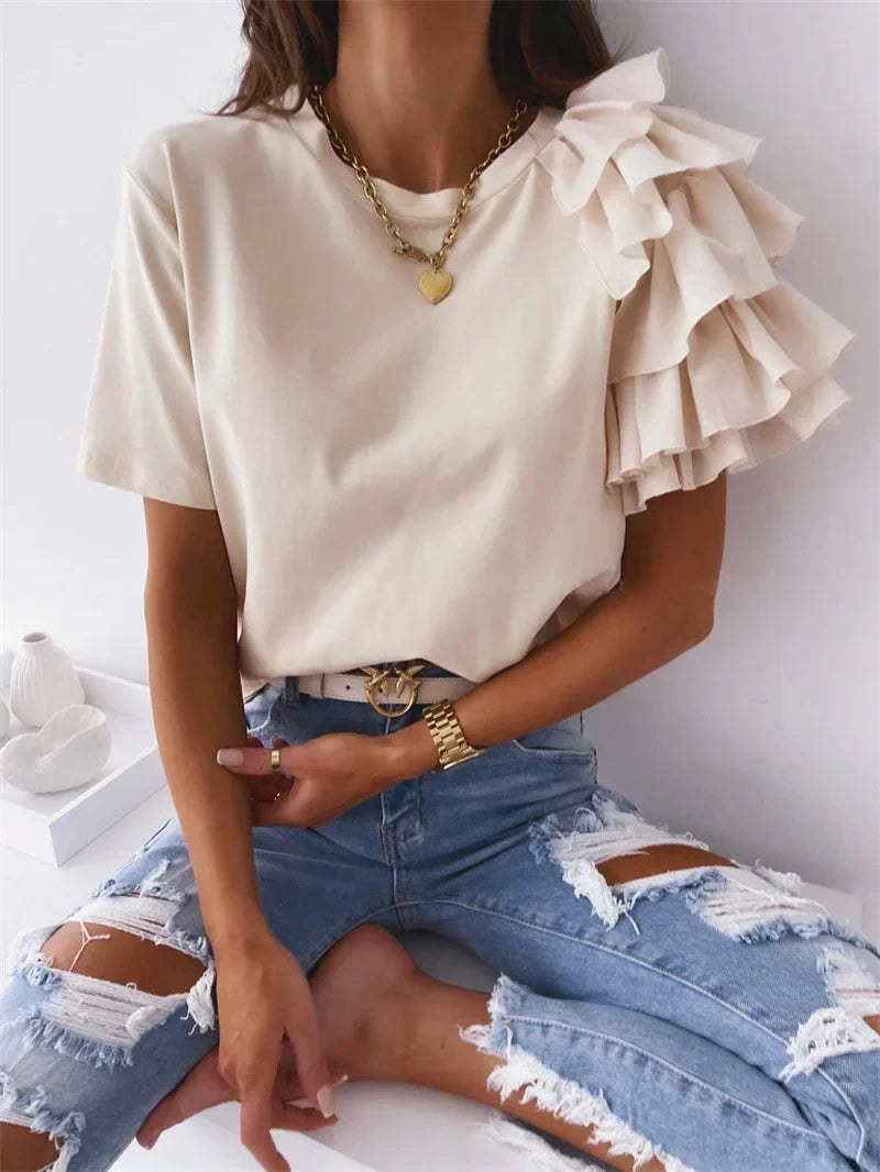 Hattie | Women's Ruffle Short Sleeve Blouse in Beige