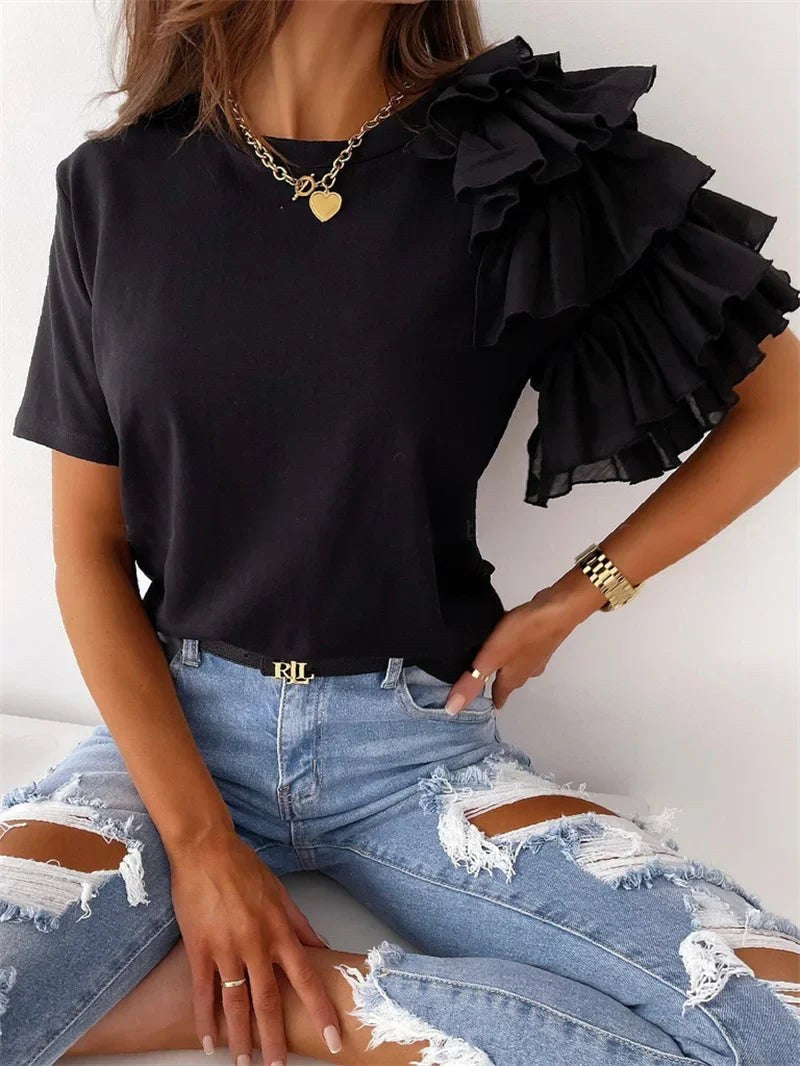 Hattie | Women's Ruffle Short Sleeve Blouse in Black