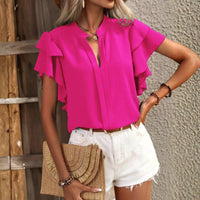 Haydee | Women's Ruffle Short Sleeve V-shaped Neckline Blouse