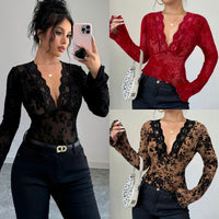 Haydee | Women's Ruffle Detail V-Neck Lace Elegant Top