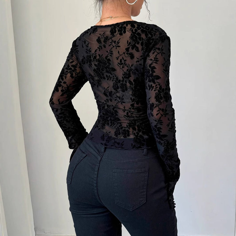 Haydee | Women's Ruffle Detail V-Neck Lace Elegant Top