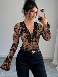 Haydee | Women's Ruffle Detail V-Neck Lace Elegant Top