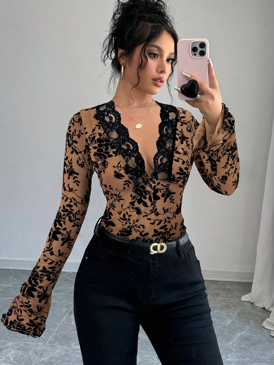 Haydee | Women's Ruffle Detail V-Neck Lace Elegant Top