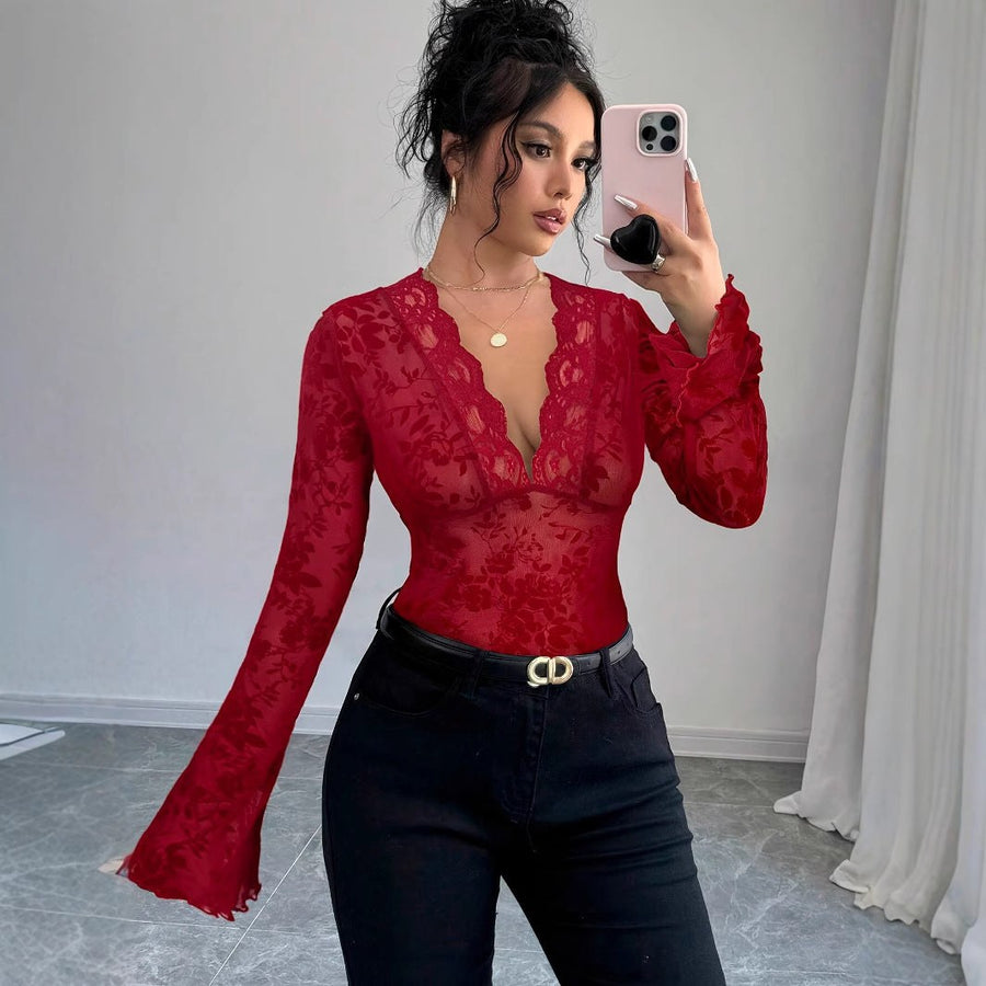 Haydee | Women's Ruffle Detail V-Neck Lace Elegant Top