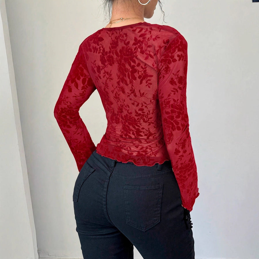 Haydee | Women's Ruffle Detail V-Neck Lace Elegant Top