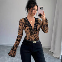 Haydee | Women's Ruffle Detail V-Neck Lace Elegant Top