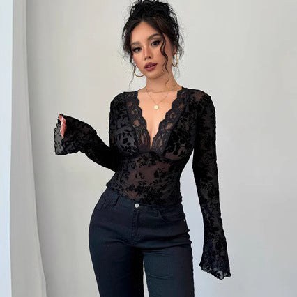 Haydee | Women's Ruffle Detail V-Neck Lace Elegant Top in Black