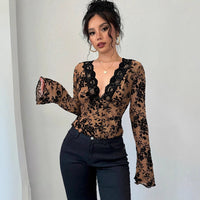 Haydee | Women's Ruffle Detail V-Neck Lace Elegant Top in Khaki