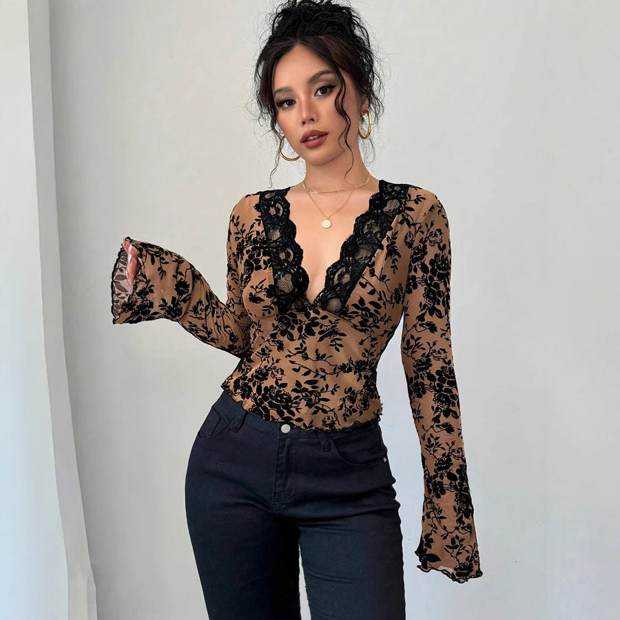 Haydee | Women's Ruffle Detail V-Neck Lace Elegant Top in Khaki