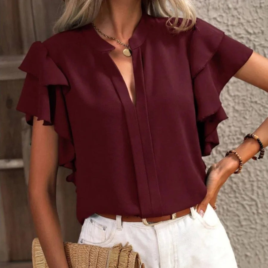 Haydee | Women's Ruffle Short Sleeve V-shaped Neckline Blouse in Dark Red