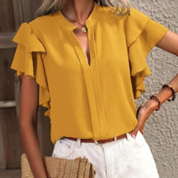 Haydee | Women's Ruffle Short Sleeve V-shaped Neckline Blouse in Yellow