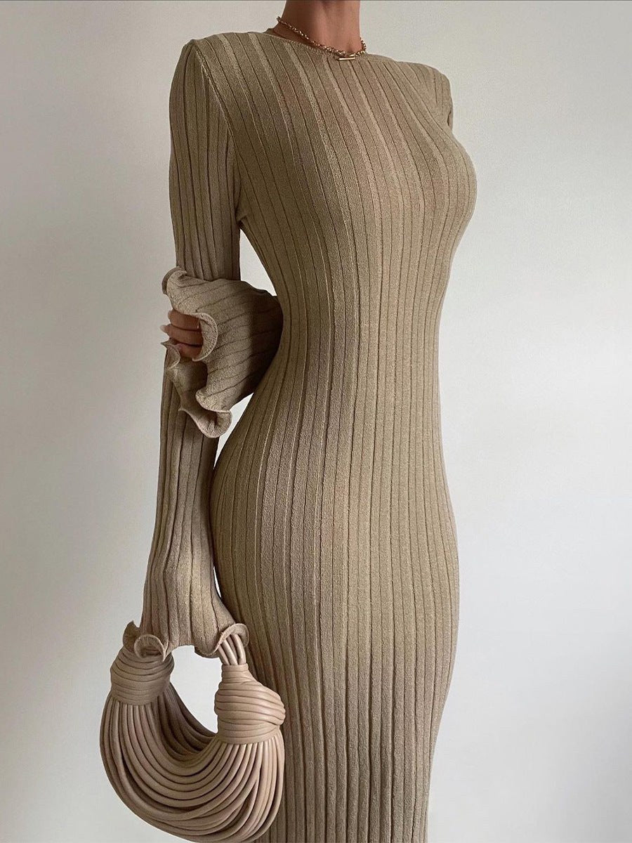 Hazel | Women's Knit Elegant Dress in Khaki