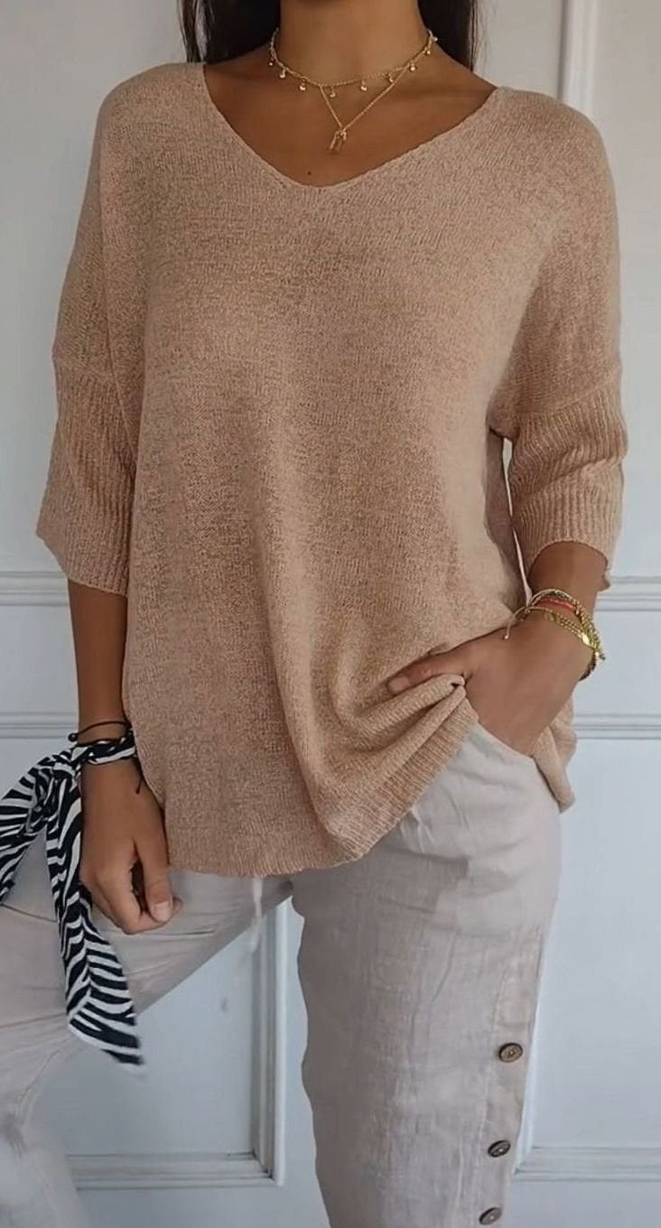 Hazel | Women's Longline Loose Fit V-Neck Knit Tunic Top in Apricot
