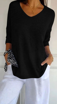 Hazel | Women's Longline Loose Fit V-Neck Knit Tunic Top in Black