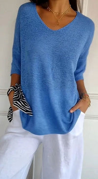 Hazel | Women's Longline Loose Fit V-Neck Knit Tunic Top in Blue