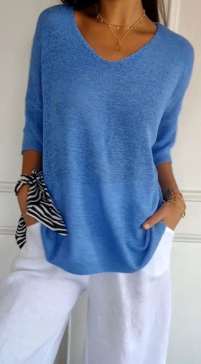 Hazel | Women's Longline Loose Fit V-Neck Knit Tunic Top in Blue