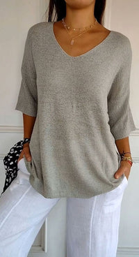 Hazel | Women's Longline Loose Fit V-Neck Knit Tunic Top in Gray
