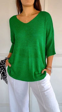 Hazel | Women's Longline Loose Fit V-Neck Knit Tunic Top in Green