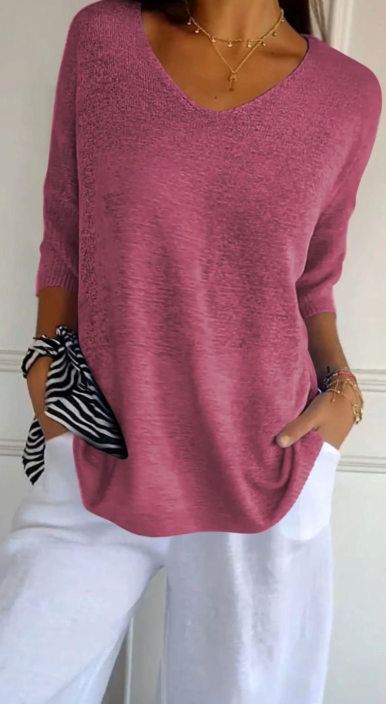Hazel | Women's Longline Loose Fit V-Neck Knit Tunic Top in Pink Red