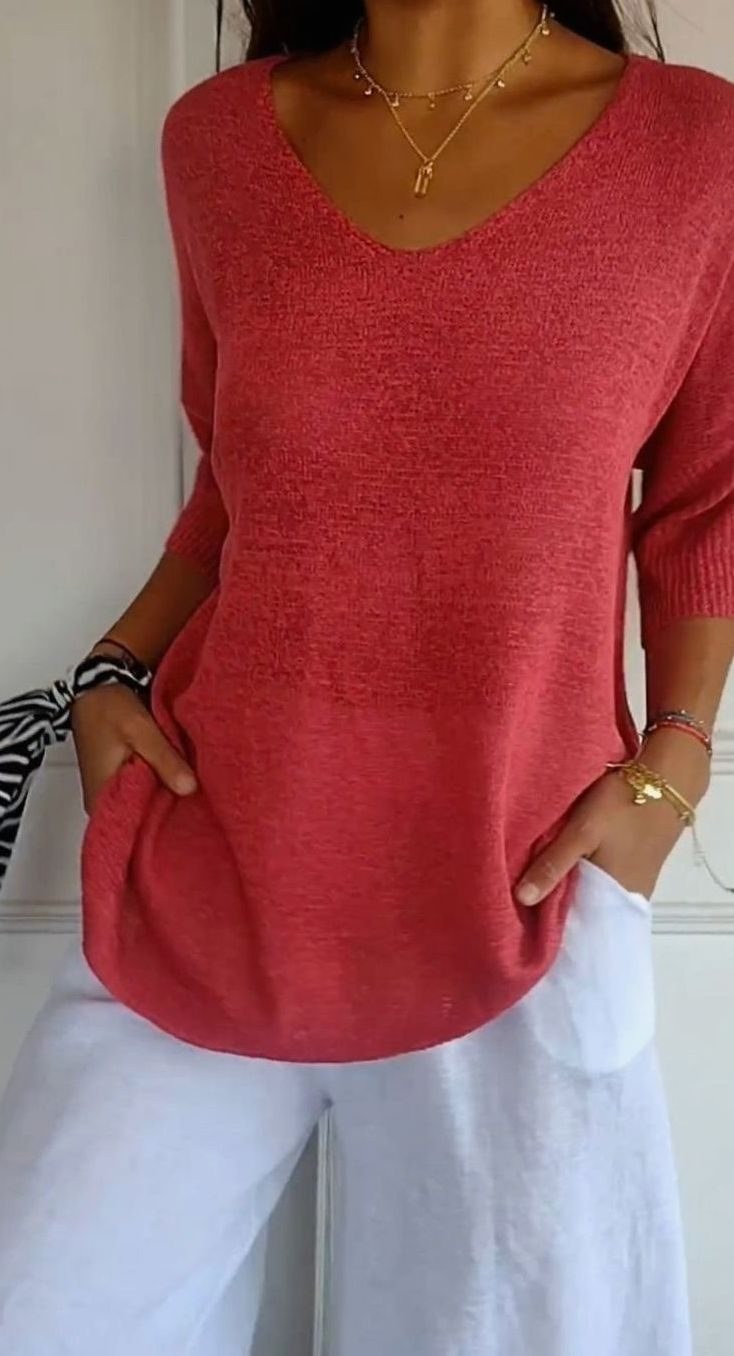 Hazel | Women's Longline Loose Fit V-Neck Knit Tunic Top in Red