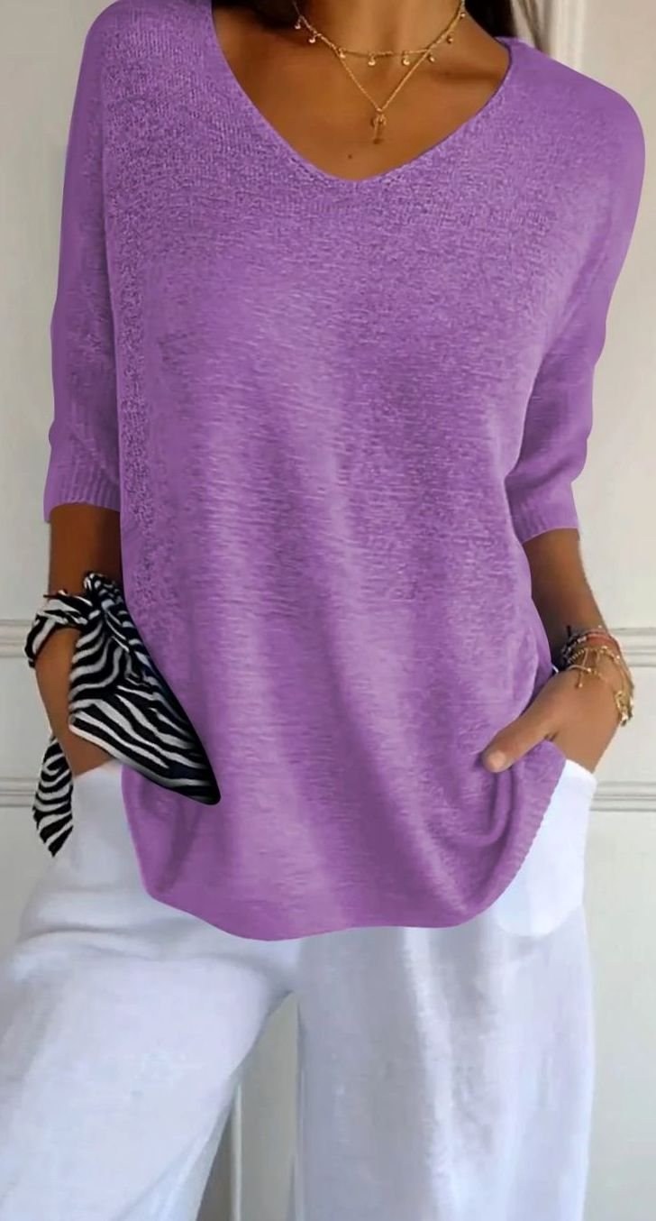 Hazel | Women's Longline Loose Fit V-Neck Knit Tunic Top in Violet