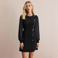 Helena | Women's Button Detail Puff Sleeve Elegant Mini Dress in Black