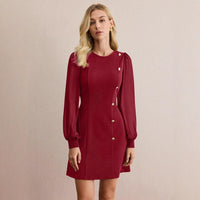 Helena | Women's Button Detail Puff Sleeve Elegant Mini Dress in Wein Green