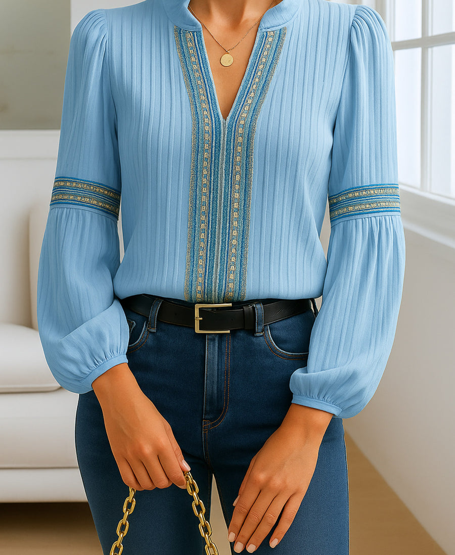 Helena | Women's Ruffled V-Neck Blouse in Blue