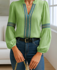 Helena | Women's Ruffled V-Neck Blouse in Green