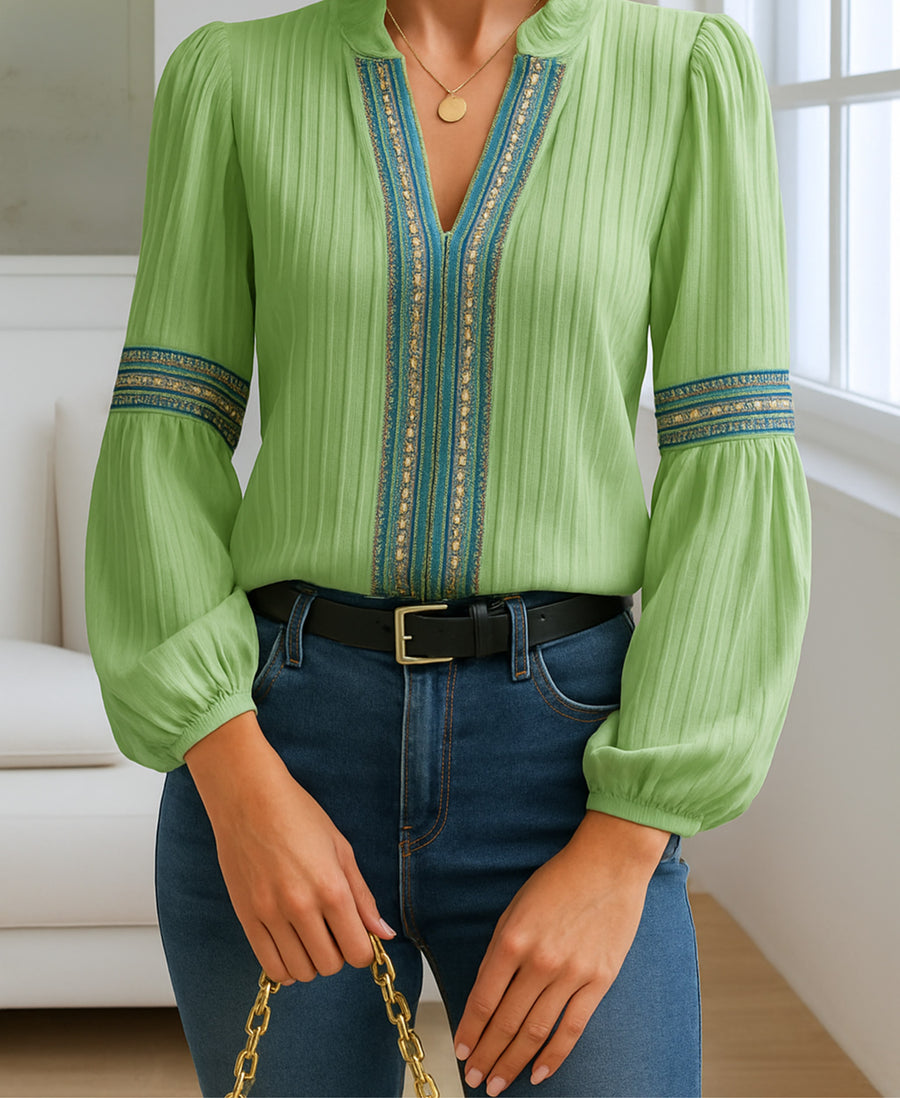 Helena | Women's Ruffled V-Neck Blouse in Green