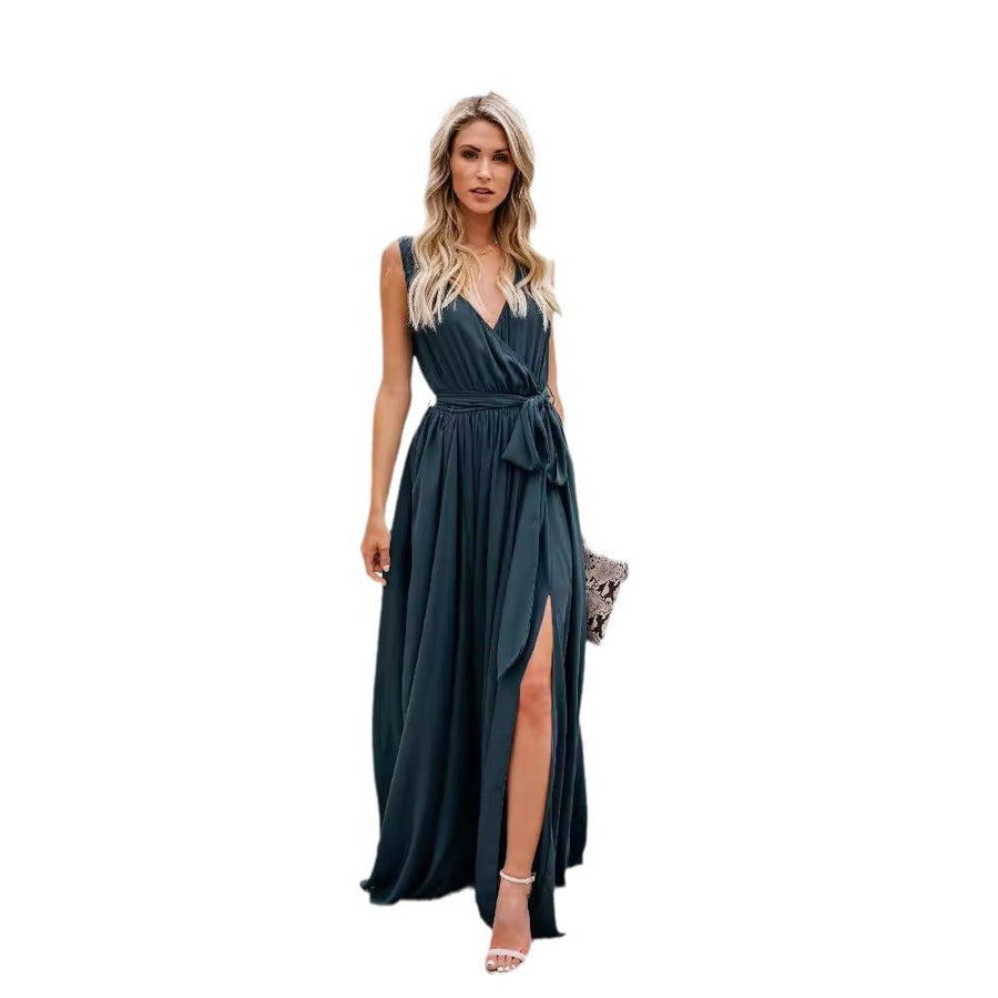 Helewise | Women's Wrap Slit Elegant Maxi Dress in Deep Blue