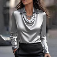Heloise | Women's Shiny Collared V-Neck Blouse in Gray