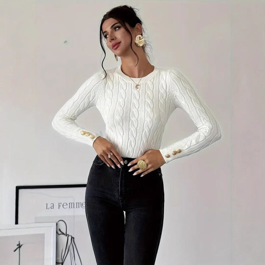 Heloise | Women's Button Detail Knit Sweater in White