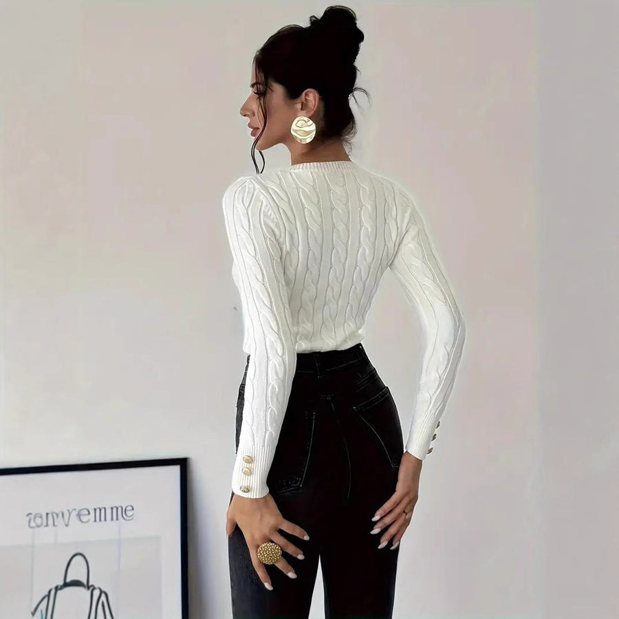 Heloise | Women's Button Detail Knit Sweater in White